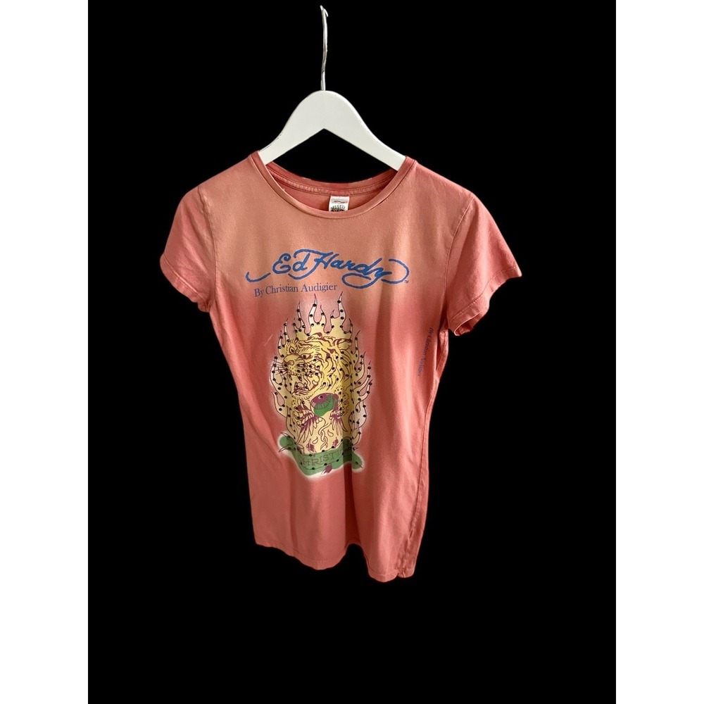 Deadstock Y2K 2000's Ed Hardy Pink Graphic Baby Tee Sz Large Tiger Rhinestones‎